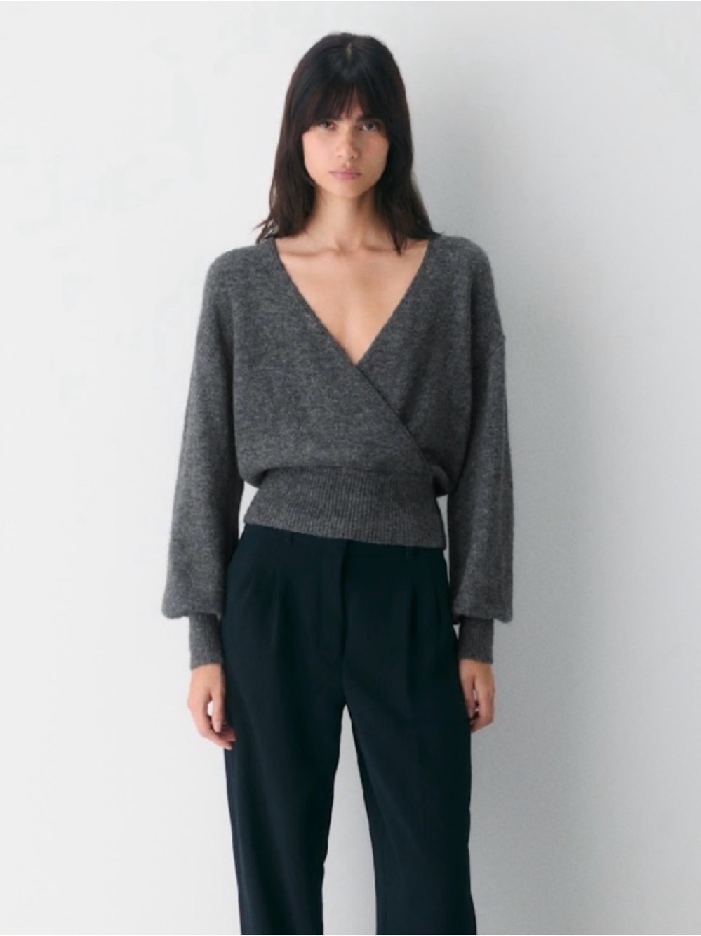 Wilfred - Deep V-Neck Wrap Sweater in Charcoal Gray